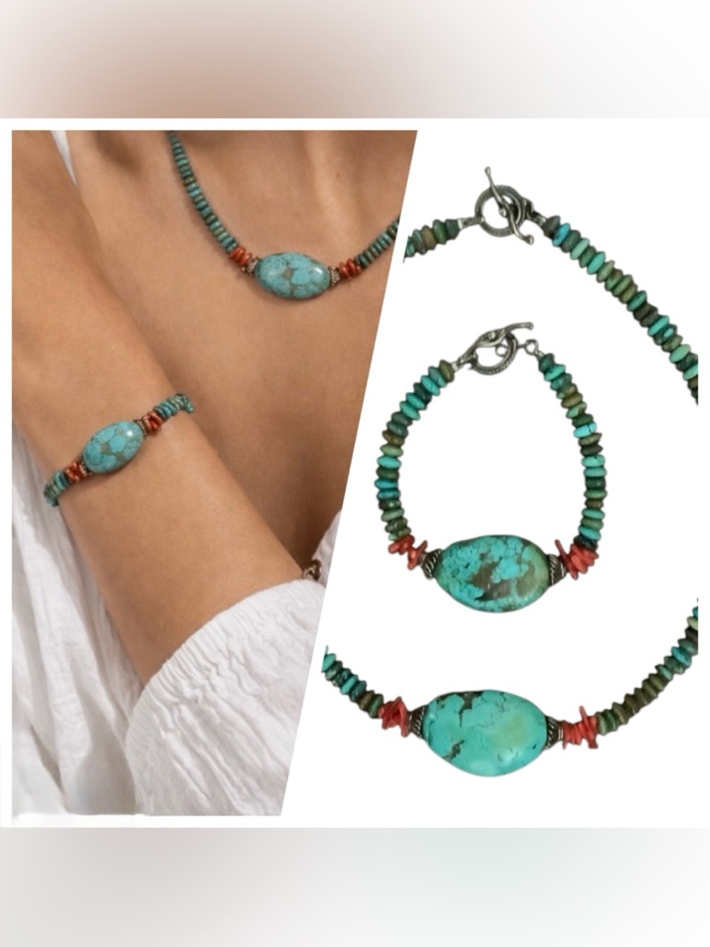 Navajo Turquoise & Coral Choker Necklace & Bracelet